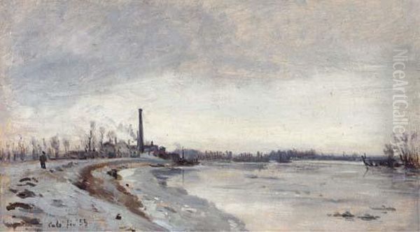 Bord De Riviere En Hiver Oil Painting by Adolphe Felix Cals