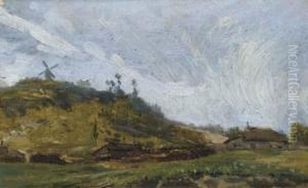 Paysage Au Moulin Sur La Colline Oil Painting by Adolphe Felix Cals