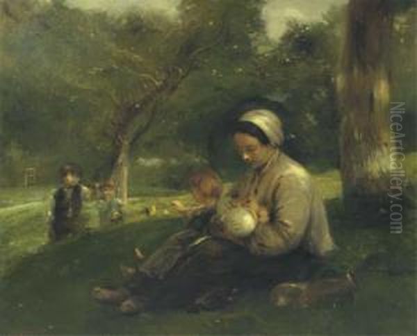 Mere Et Ses Enfants Au Saint-simeon: The Loving Mother Oil Painting by Adolphe Felix Cals