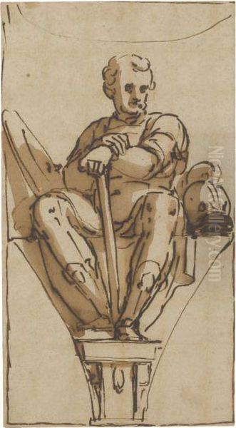 Relmusto Lercari, As A Warrior, Seated On A Plinth, In Apendentive Oil Painting by Luca Cambiaso