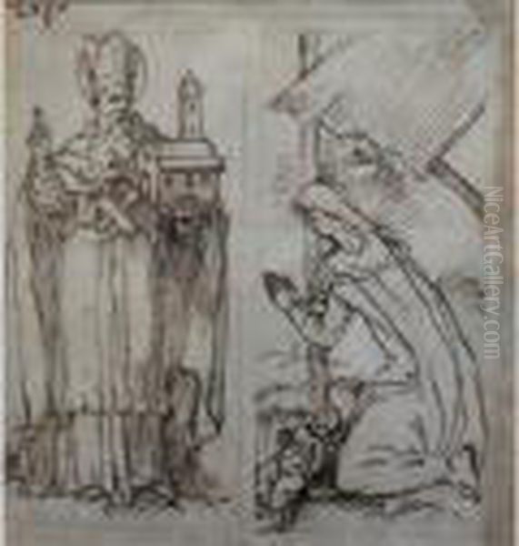 A Bishop Saint Holding A Model Of A Cathedral And The Virgin Adoring The Christ Child Oil Painting by Luca Cambiaso