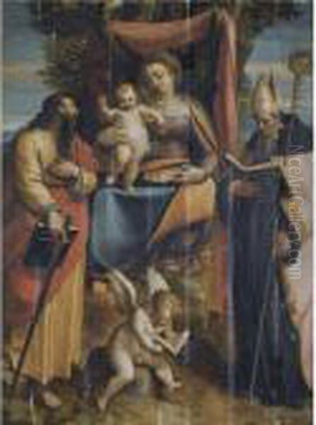 A 'sacra Conversazione': The 
Madonna And Child With Saints Paul And Augustine, A Putto Reading At 
Their Feet Oil Painting by Luca Cambiaso