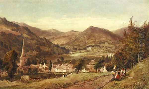 Haymakers resting beside a track with a village below Oil Painting by Joseph Murray Ince