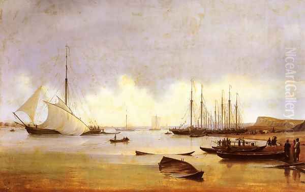 Fishing Vessels off a Jetty, believed to be Costroma (Russia) Oil Painting by Anton Ivanovich Ivanov