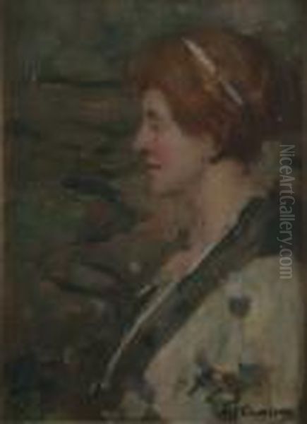 Portrait Of A Red-haired Beauty Signed 24.5 X 17.5in Oil Painting by David Young Cameron