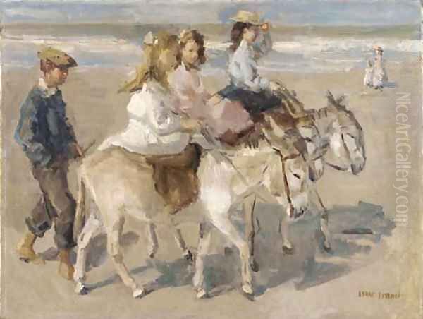 Ezeltje rijden a donkey-ride on the beach Oil Painting by Isaac Israels