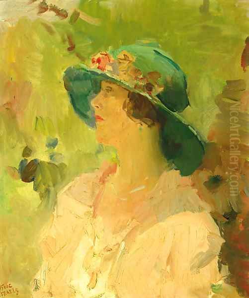 Dame met groene hoed a lady with a green hat Oil Painting by Isaac Israels