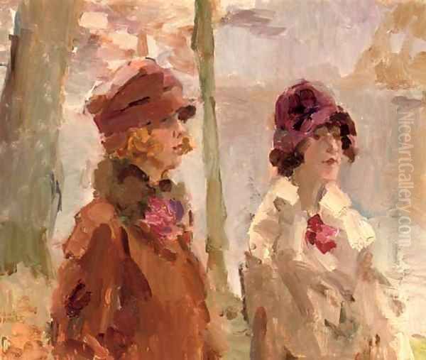 Meisjes in het Haagsche Bosch elegant ladies strolling in the park Oil Painting by Isaac Israels