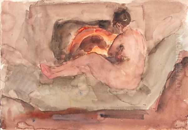 A reclining nude in front of a fire-place Oil Painting by Isaac Israels