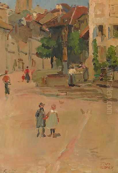 Figures by the St. Anne fountain in Fribourg, Switzerland Oil Painting by Isaac Israels