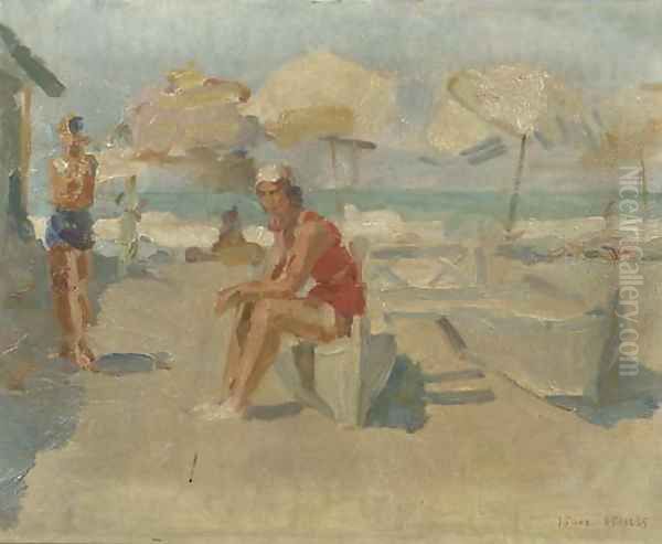 Lidostrand met parasols en bootjes at the beach of the Lido, Venice Oil Painting by Isaac Israels