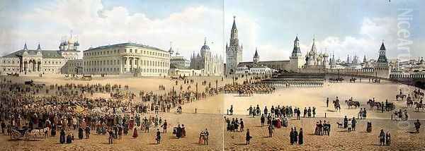 The Nikolaievsky Palace and St Basils Cathedral viewed from the Kremlin Oil Painting by Dmitri Indieitzeff