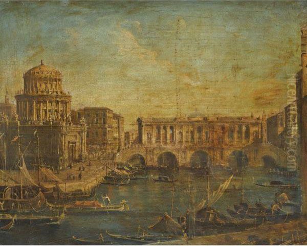 Venice, A Capriccio View Of The Rialto Bridge Oil Painting by (Giovanni Antonio Canal) Canaletto