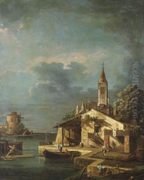 A Capriccio With A House And Tower On Thelagoon Oil Painting by (Giovanni Antonio Canal) Canaletto