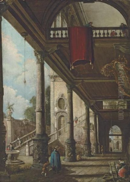 A Venetian Capriccio With A Portico Oil Painting by (Giovanni Antonio Canal) Canaletto