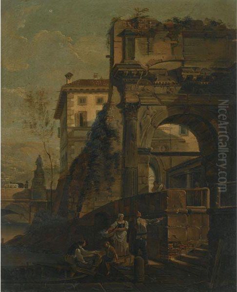 An Architectural Capriccio With Figures Loading A Boat Beside Anarch Oil Painting by (Giovanni Antonio Canal) Canaletto