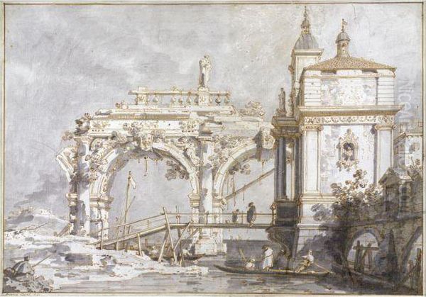 An Architectural Capriccio With A Pavilion And A Ruined Arcade Onthe Water's Edge Oil Painting by (Giovanni Antonio Canal) Canaletto