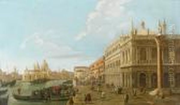 A View Of The Riva Degli 
Schiavoni With The Santa Maria Della Salute Beyond And Figures In The 
Foreground Oil Painting by (Giovanni Antonio Canal) Canaletto