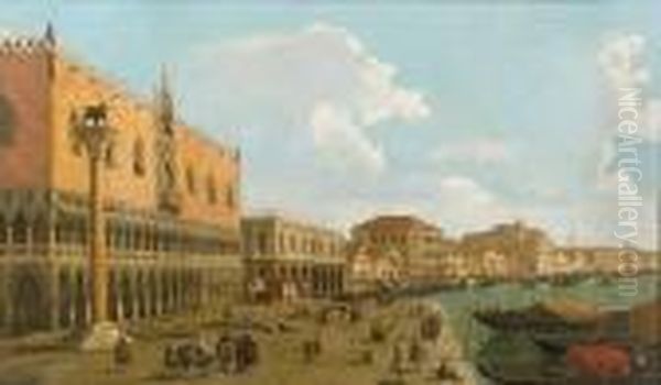 A View Of The Riva Degli 
Schiavoni With The Palazzo Ducale Di Venezia And The Bridge Of Sighs And
 Figures In The Foreground Oil Painting by (Giovanni Antonio Canal) Canaletto