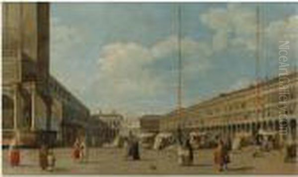 Venice, A View Of Piazza San Marco, Looking West From South Of The Central Line Oil Painting by (Giovanni Antonio Canal) Canaletto