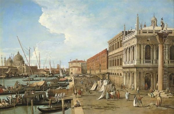 The Palazzo Ducale, Venice, With
 The Riva Degli Schiavone; And Thepiazzetta Di San Marco, Venice, With 
The Libreria, The Entrance Tothe Grand Canal And Santa Maria Della 
Salute Oil Painting by (Giovanni Antonio Canal) Canaletto