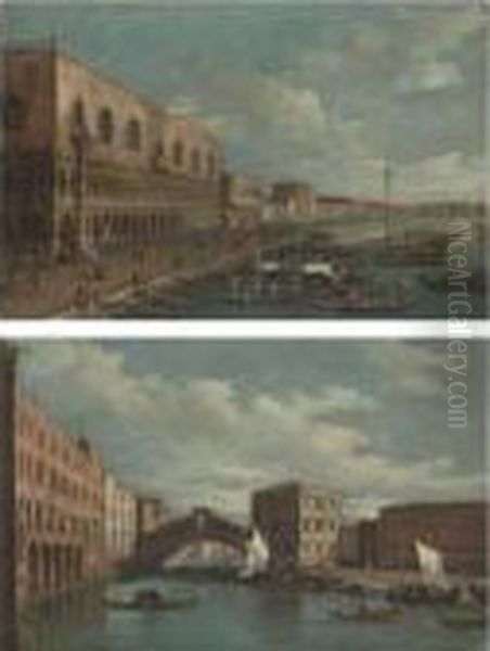 Venice, A View Of The Rialto Bridge;
 Venice, A View Of The Riva Degli Schiavoni Oil Painting by (Giovanni Antonio Canal) Canaletto