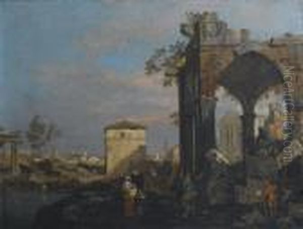 Capriccio Di Rovine Con Elementi Decorativi Di Padova E Figure Sullo Sfondo Oil Painting by (Giovanni Antonio Canal) Canaletto