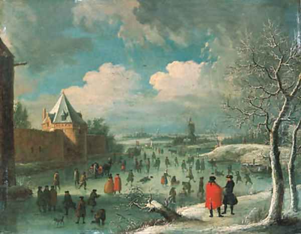 A winter landscape with townsfolk skating on a frozen moat Oil Painting by Jan Griffier I