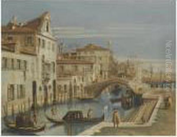 Venice, A View Of A Canal With Gondoliers Oil Painting by (Giovanni Antonio Canal) Canaletto