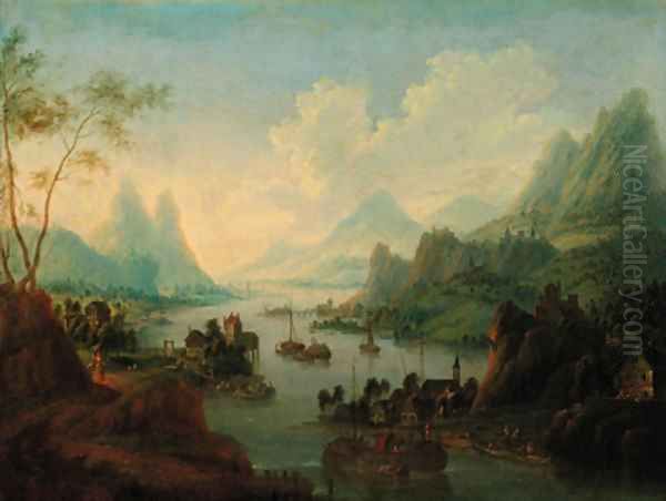 A Rhenish landscape with a town beyond Oil Painting by Jan Griffier I