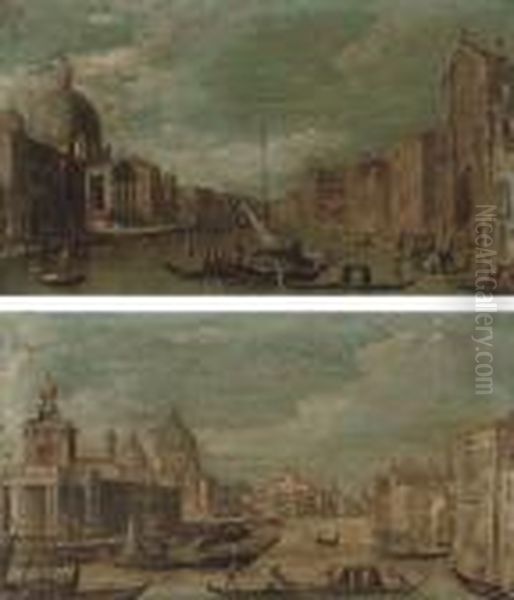 The Grand Canal, Venice, Looking
 South-west, From The Chiesa Degli Scalzi Towards The Fondamenta Della 
Croce, With San Simeone Piccolo; And Santa Maria Della Salute, Venice, 
With The Punta Della Dogana, And The Giudecca Beyond Oil Painting by (Giovanni Antonio Canal) Canaletto