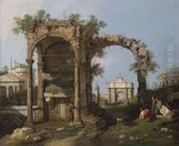 A Capriccio Of Classical Ruins With Figures Oil Painting by (Giovanni Antonio Canal) Canaletto