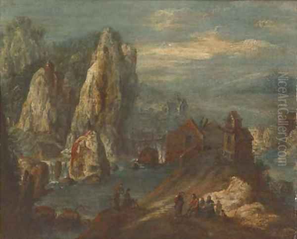 A Rhenish landscape with figures on a track, a bridge beyond Oil Painting by Jan Griffier I