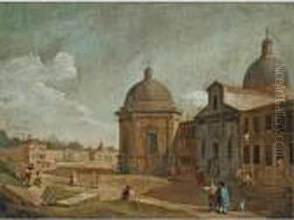 A Capriccio View Of A Church And Other Buildings, With Figures In The Foreground Oil Painting by (Giovanni Antonio Canal) Canaletto