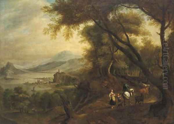 A Rhenish landscape with mounted figures on a wooded track Oil Painting by Jan Griffier I