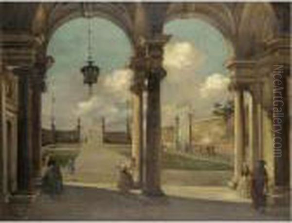 A Venetian Capriccio View Of A Garden With Elegant Figures Under A Portico Oil Painting by (Giovanni Antonio Canal) Canaletto