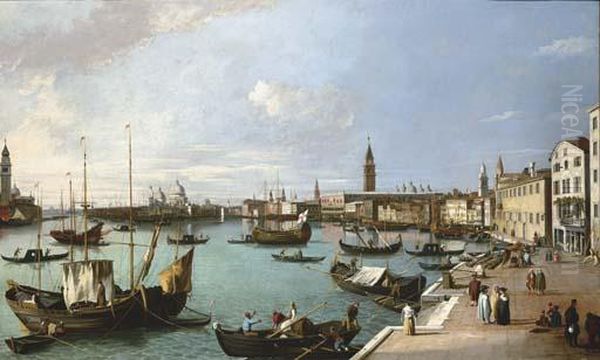 The Riva Degli Schiavoni And The
 Basino Di San Marco Looking West Towards Santa Maria Della Salute Oil Painting by (Giovanni Antonio Canal) Canaletto