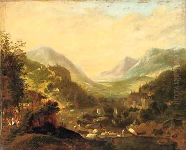 A Rhenish landscape with travellers and figures in moored boats near a castle on a hill, a town beyond Oil Painting by Jan Griffier I