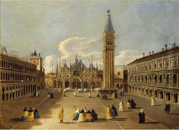 Venice: A View Of The Piazza San Marco With Elegant Figures Dressed In Carnival Costumes Oil Painting by (Giovanni Antonio Canal) Canaletto