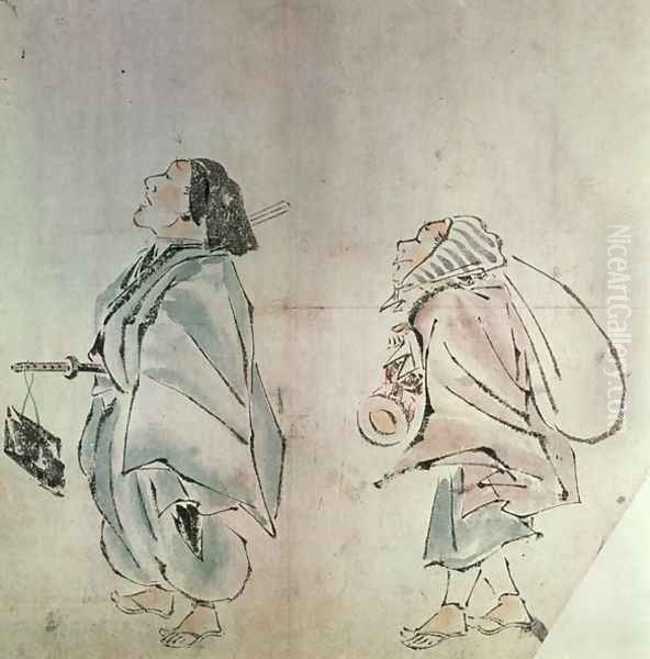 Samurai being followed by a servant Oil Painting by Hanabusa Itcho