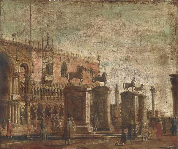 A Capriccio Of The Horses Of San Marco Set On Pillars In Thepiazzetta Oil Painting by (Giovanni Antonio Canal) Canaletto