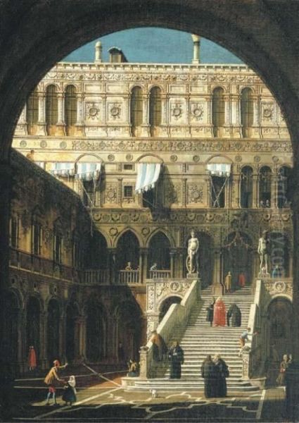 The Courtyard Of The Ducal 
Palace, Venice, With The Scala Deigiganti From Underneath The Arco 
Foscari Oil Painting by (Giovanni Antonio Canal) Canaletto