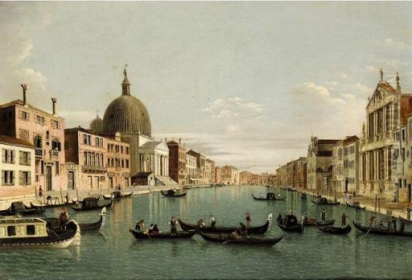 Venice, A View Of The Grand 
Canal Looking South West From The Chiesa Degli Scalzi To The Fondamenta 
Della Croce, With San Simeone Piccolo Oil Painting by (Giovanni Antonio Canal) Canaletto