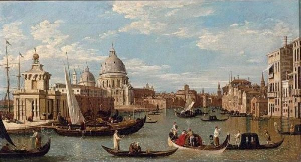 View Of The Grand Canal And 
Santa Maria Della Salute With Boats And Figures In The Foreground, 
Venice Oil Painting by (Giovanni Antonio Canal) Canaletto