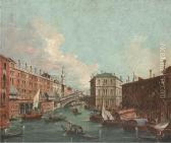 Vessels Before The Rialto Bridge, Venice Oil Painting by (Giovanni Antonio Canal) Canaletto