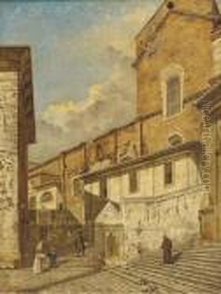 A Church Exterior With A Franciscan Monk And Other Figures Oil Painting by (Giovanni Antonio Canal) Canaletto