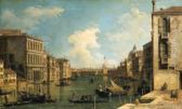 The Grand Canal, Venice, Looking
 East From The Campo Di San Vio,with The Palazzo Corner, Barges And 
Gondolas, The Dome Of Santamaria Della Salute, The Dogana And The Riva 
Degli Schiavonibeyond Oil Painting by (Giovanni Antonio Canal) Canaletto