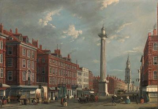 View Of The Monument From 
Gracechurch Street Looking Towards Fishstreet Hill And Old London 
Bridge, With St. Magnus Martyrbeyond Oil Painting by (Giovanni Antonio Canal) Canaletto