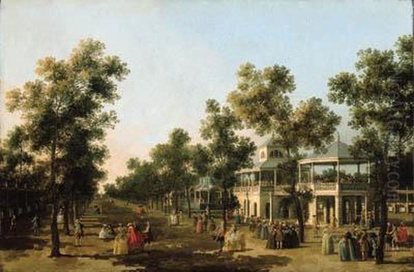 View Of The Grand Walk, Vauxhall
 Gardens, With The Orchestrapavillion, The Organ House, The Turkish 
Dining Tent And The Statueof Aurora; And The Interior Of The Rotunda, 
Ranelagh Oil Painting by (Giovanni Antonio Canal) Canaletto