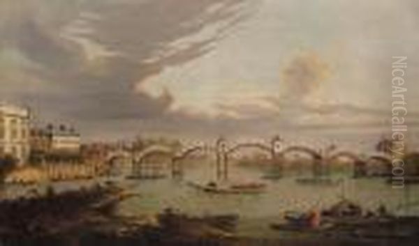 View Of Hampton Court Bridge, 
With Boats On The River Thames Andking Henry Viii's Chapel Beyond Oil Painting by (Giovanni Antonio Canal) Canaletto